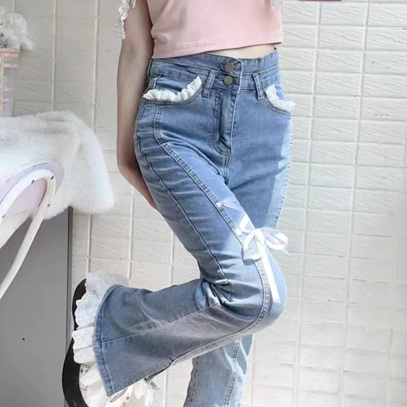 Sweet Hot Girl Small Lace Strappy Jeans New Ins Slim-Fit Elastic Slit Slightly Flared Wide-Leg Pants