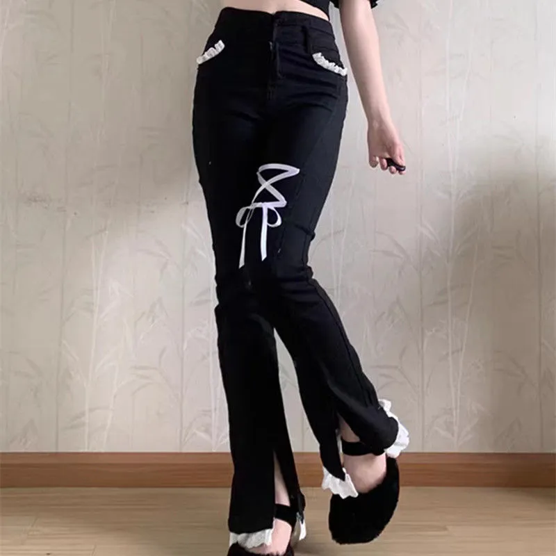 Sweet Hot Girl Small Lace Strappy Jeans New Ins Slim-Fit Elastic Slit Slightly Flared Wide-Leg Pants