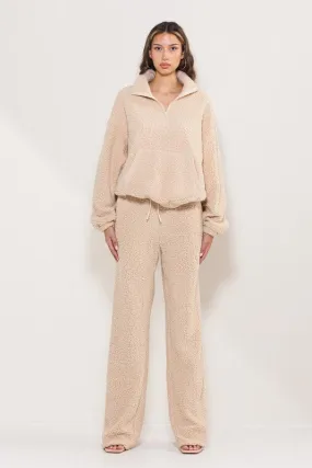 Taupe Teddy Cozy Half Zipup Top And Pants Lounge Set