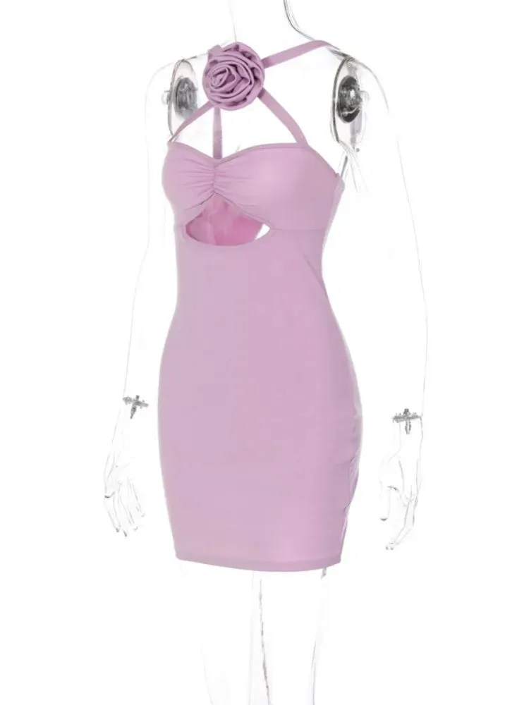 TAVIMART  -  Women's Hollow Out Mini Dress, Sleeveless Bodycon Dress, One Piece Outfits, Light Purple Clothes, Sexy Flower, Y2k