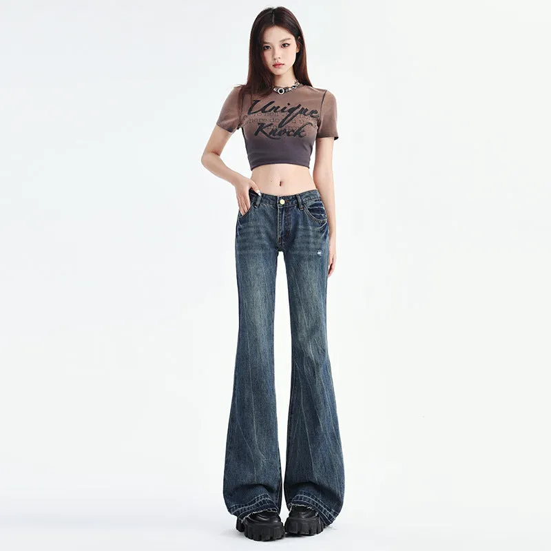 Toleet y2k 2024 Summer New Style Skinny Jeans Women's Low Waist Slimming Fashionable Easy-to-Match Design Sense Back Bag Embroidered Frayed Pants