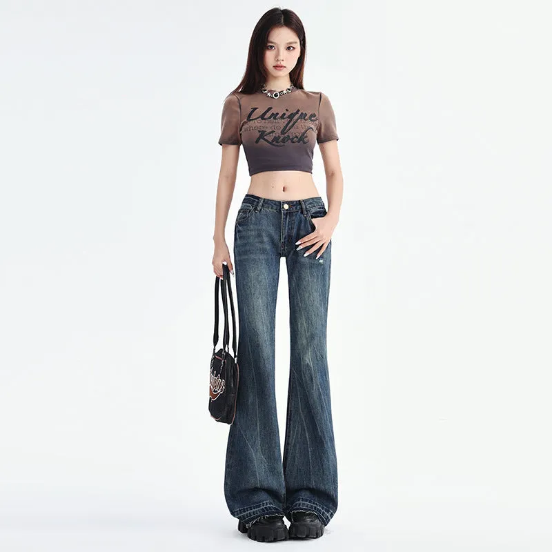 Toleet y2k 2024 Summer New Style Skinny Jeans Women's Low Waist Slimming Fashionable Easy-to-Match Design Sense Back Bag Embroidered Frayed Pants