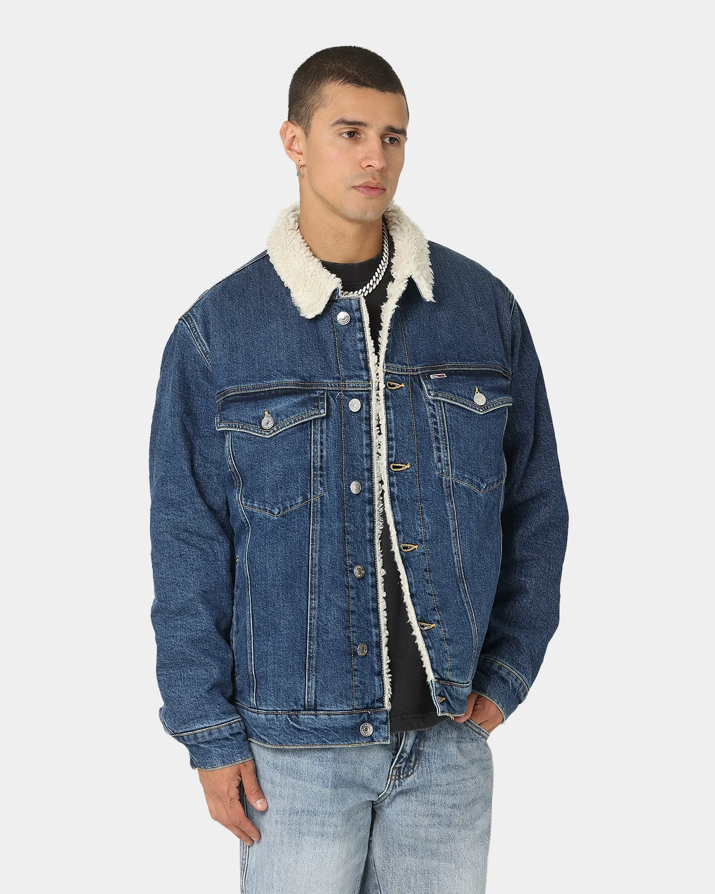 Tommy Jeans Colour-Blocked Oversized Sherpa  Denim Jacket Dark Denim