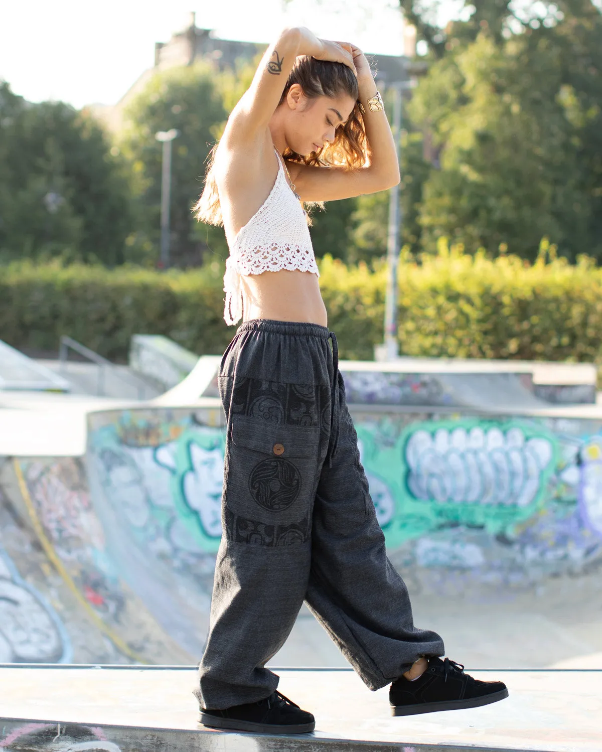 Tribal Print Parachute Harem Pants Charcoal