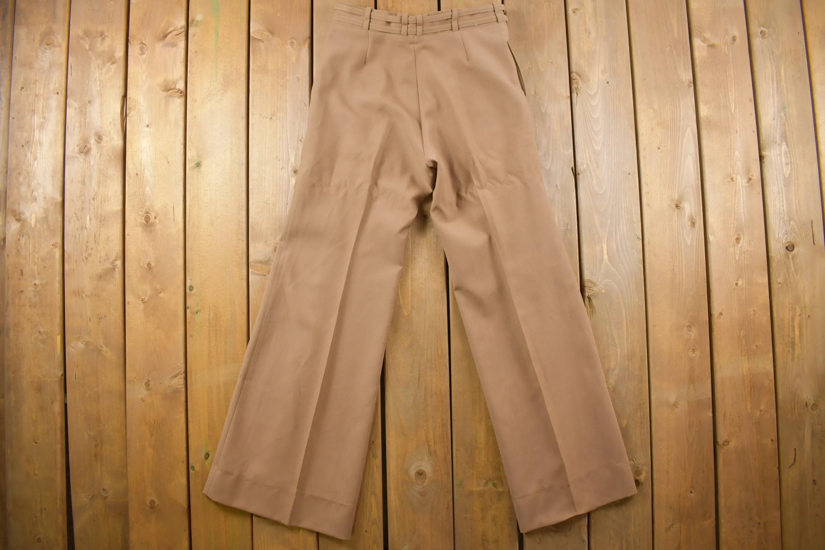 Vintage 1970s Right On Brown Flared-Leg Built-in Belt Trousers Size 28 x 32