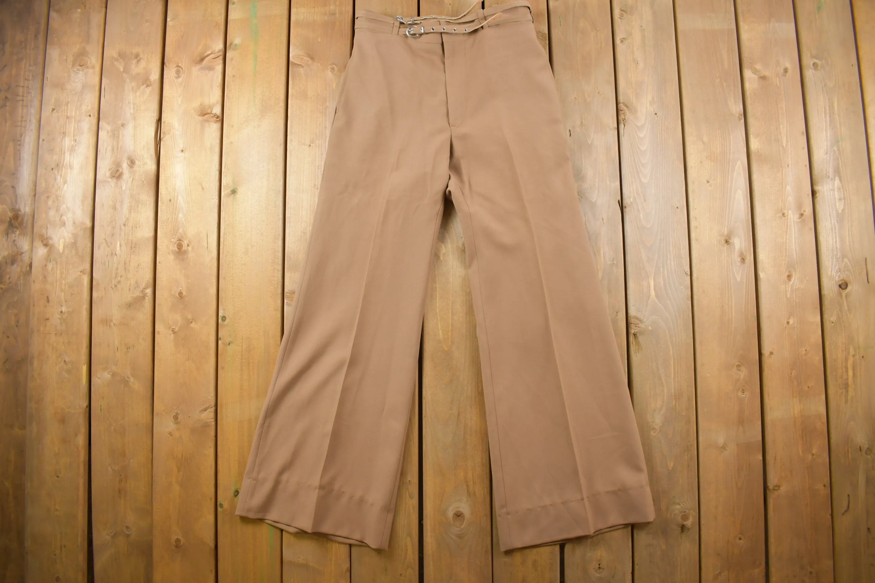 Vintage 1970s Right On Brown Flared-Leg Built-in Belt Trousers Size 28 x 32