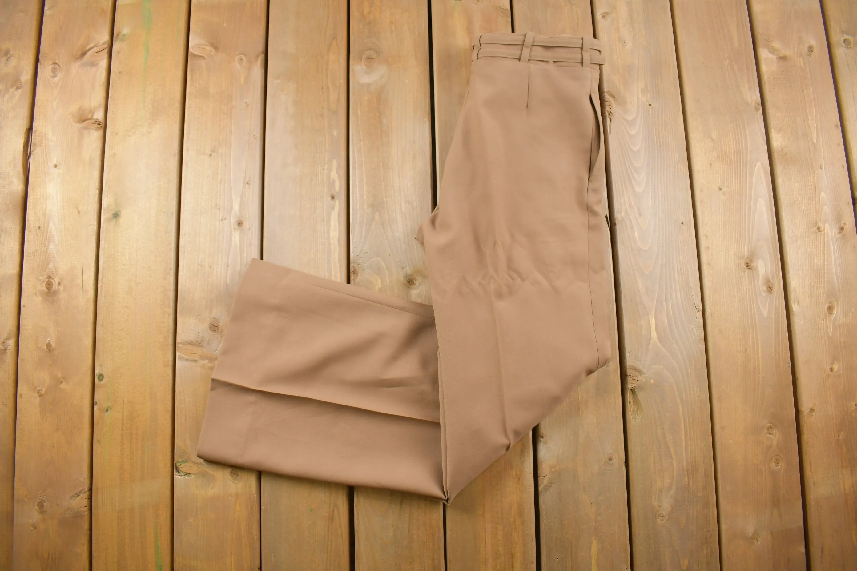 Vintage 1970s Right On Brown Flared-Leg Built-in Belt Trousers Size 28 x 32