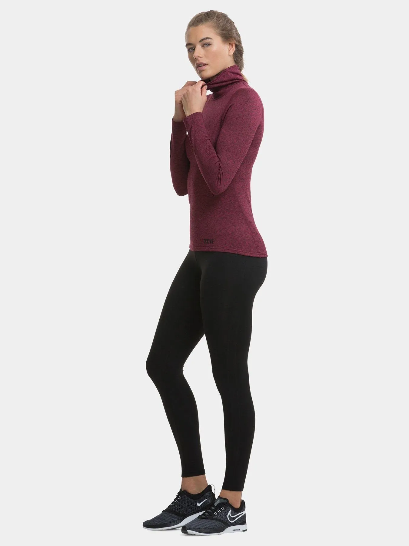 Warm-Up Thermal Long Sleeve Funnel Neck Top For Women With Brushed Inner Fabric, Thumbholes & Reflective Strips