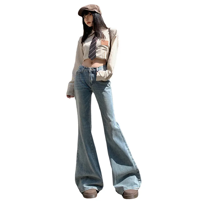 Wenkouban fall fashion American Retro Spicy Girl Skinny Jeans Women's Autumn and Winter New Low Waist Loose Slimming Flared Mopping Pants