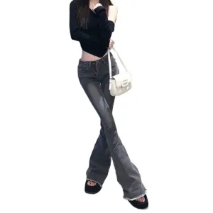 Wenkouban korean fashion American-Style Women's Retro Gray Skinny Jeans