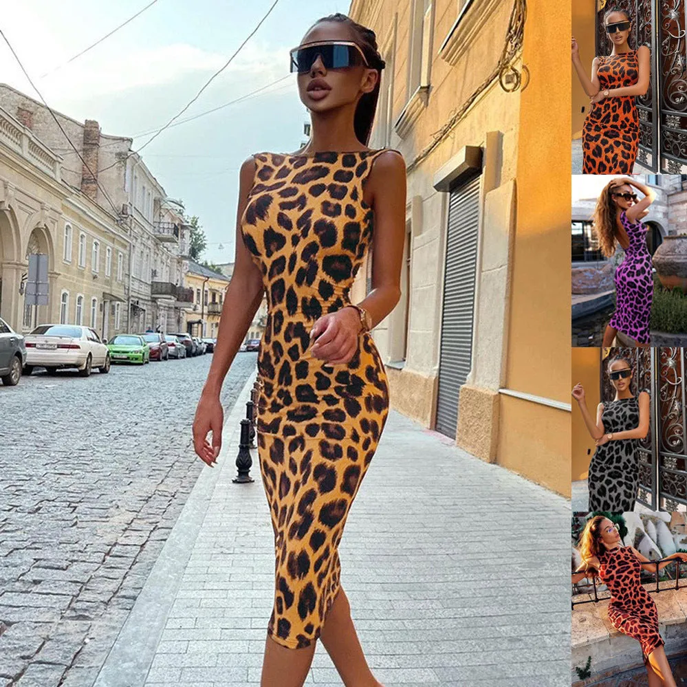 Wenkouban work outfits women 2024 Women Chic Skinny Leopard Tank Bodycon Dress Midi Party Sexy Dress