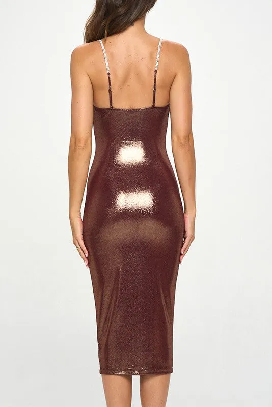 Wine/Gold Glitter Rhinestone Strap Bodycon Midi Dress