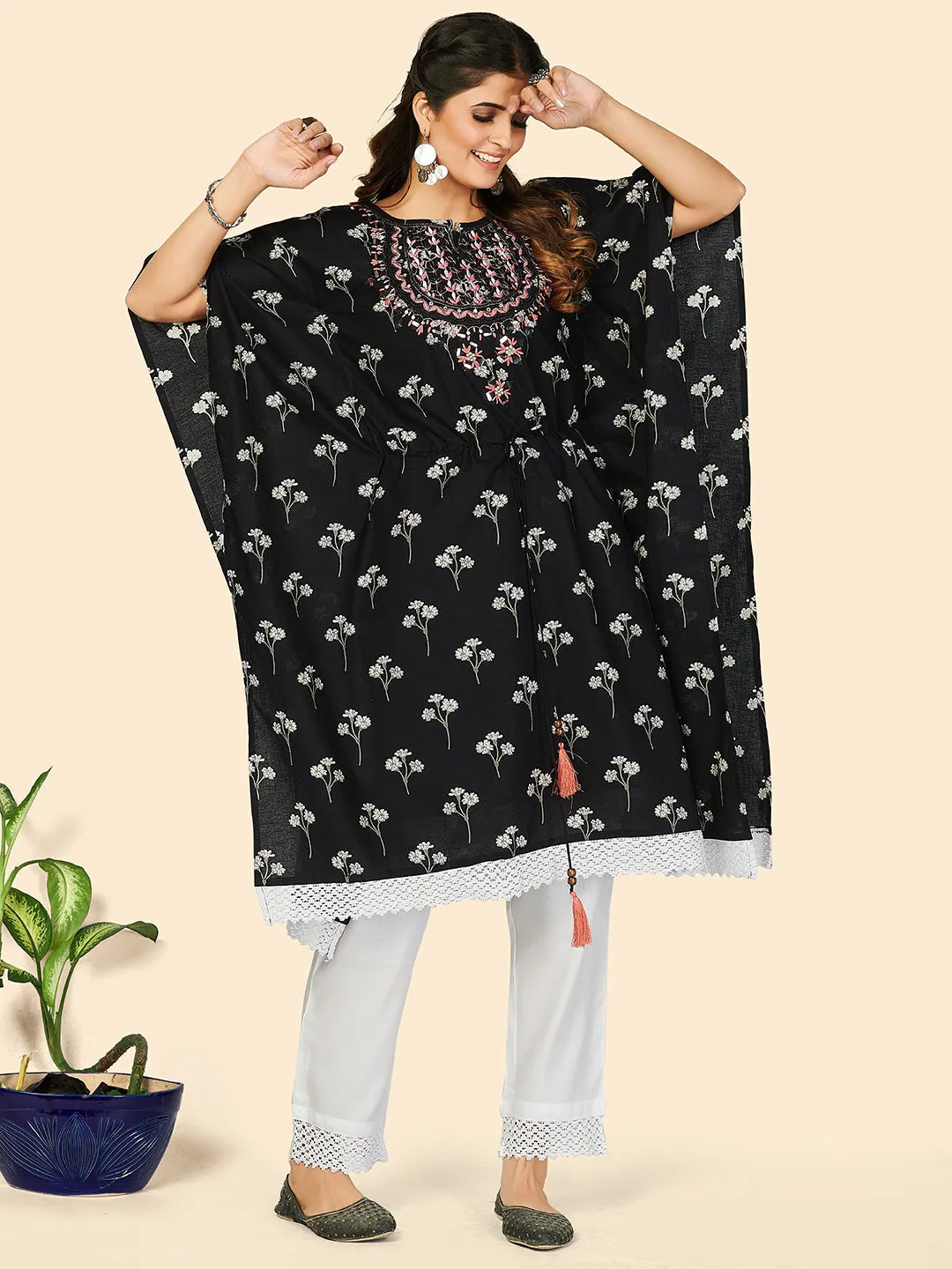 Women Black Printed Cotton Kaftan Kurta With Dupatta (2 Pc Set)