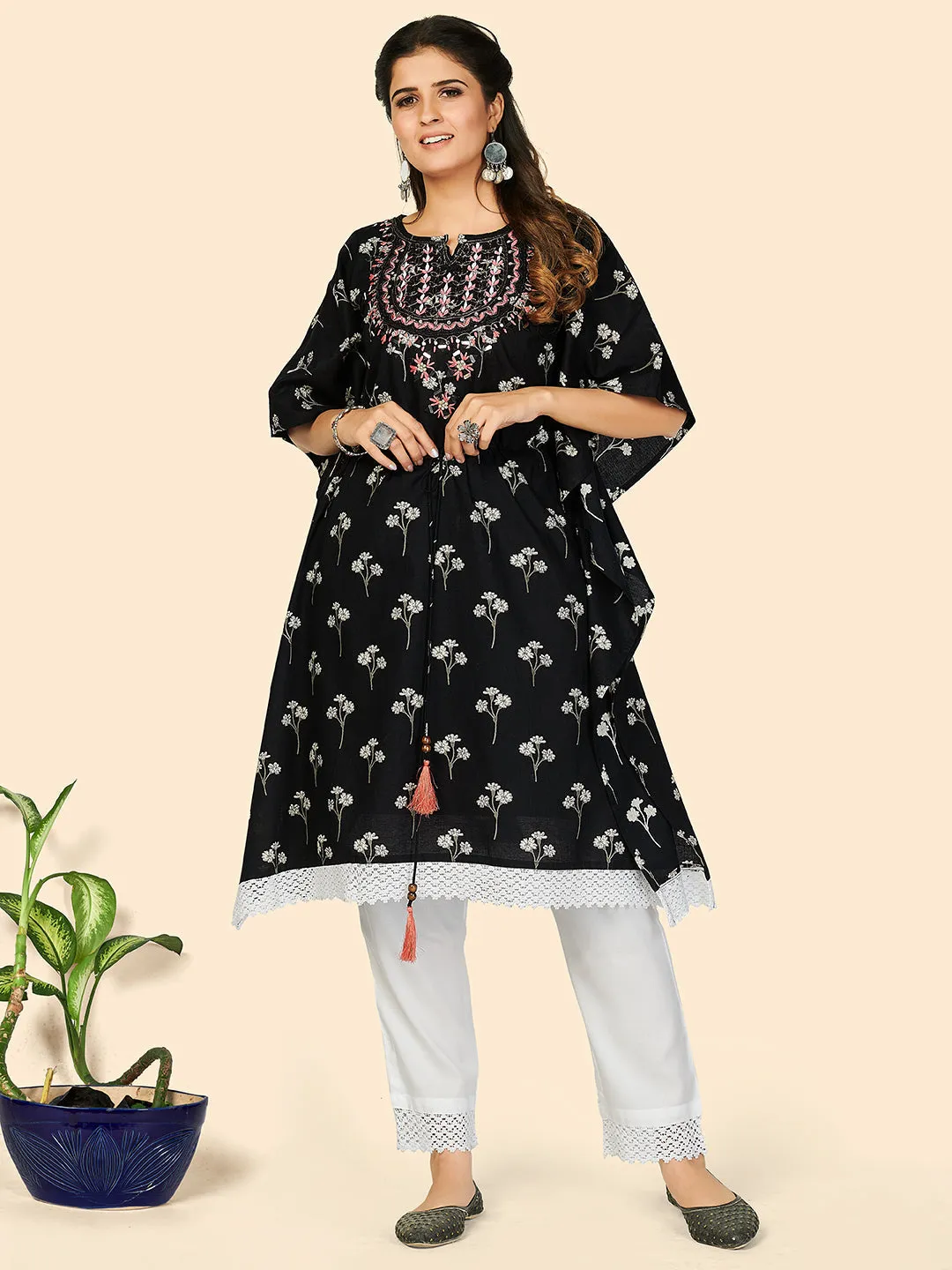 Women Black Printed Cotton Kaftan Kurta With Dupatta (2 Pc Set)