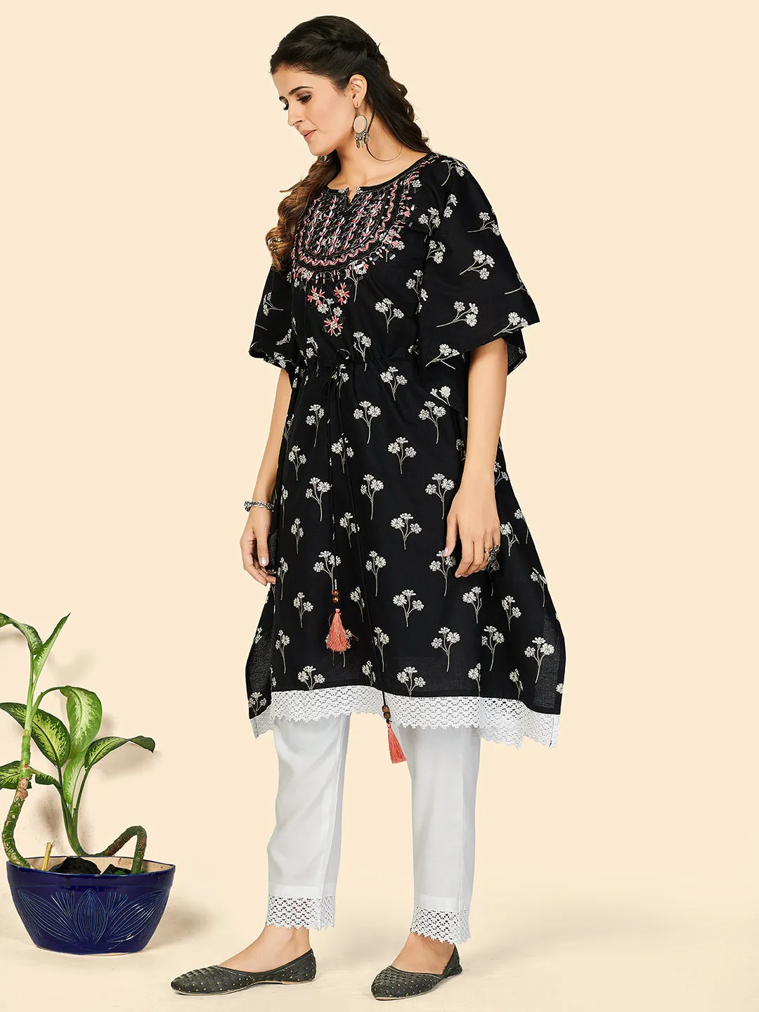 Women Black Printed Cotton Kaftan Kurta With Dupatta (2 Pc Set)