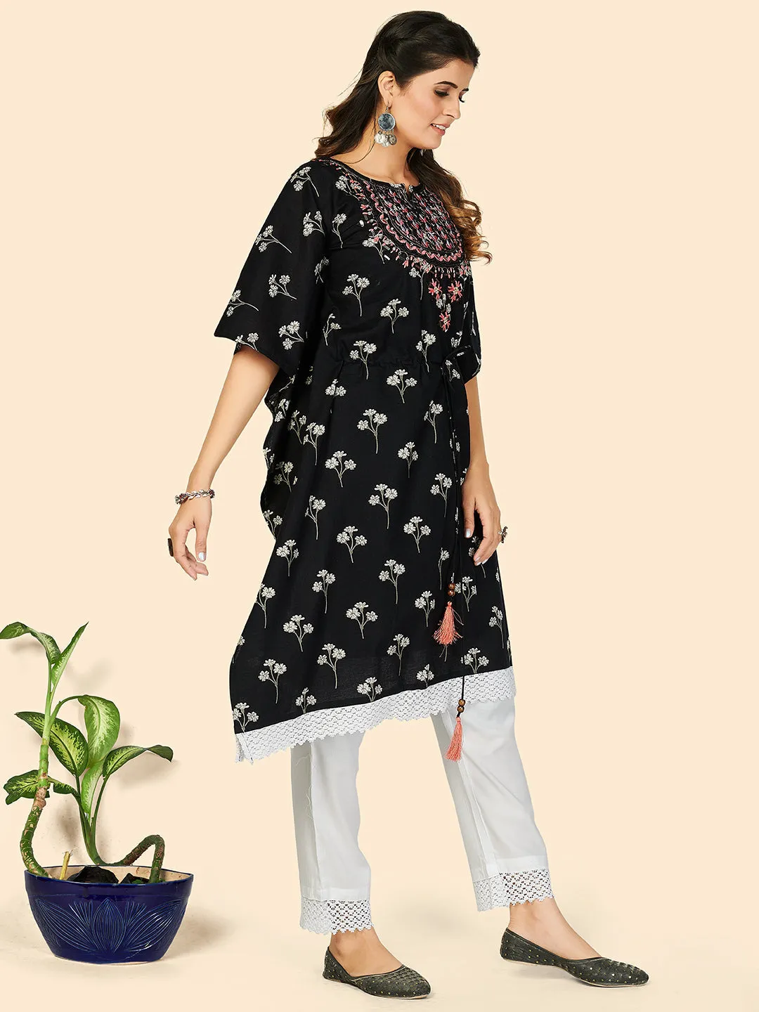 Women Black Printed Cotton Kaftan Kurta With Dupatta (2 Pc Set)