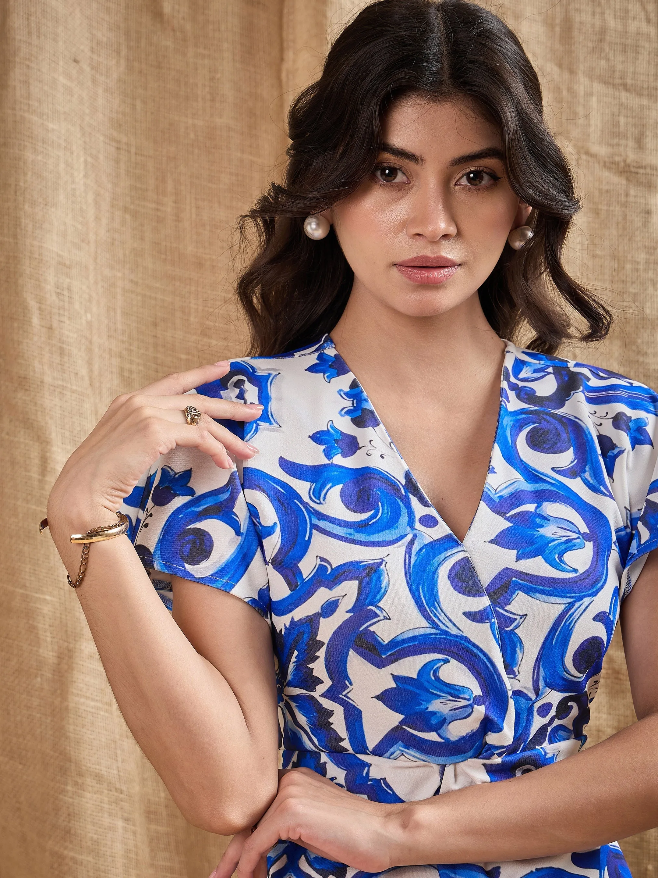 Women Blue Printed V-Neck Bodycon Dress