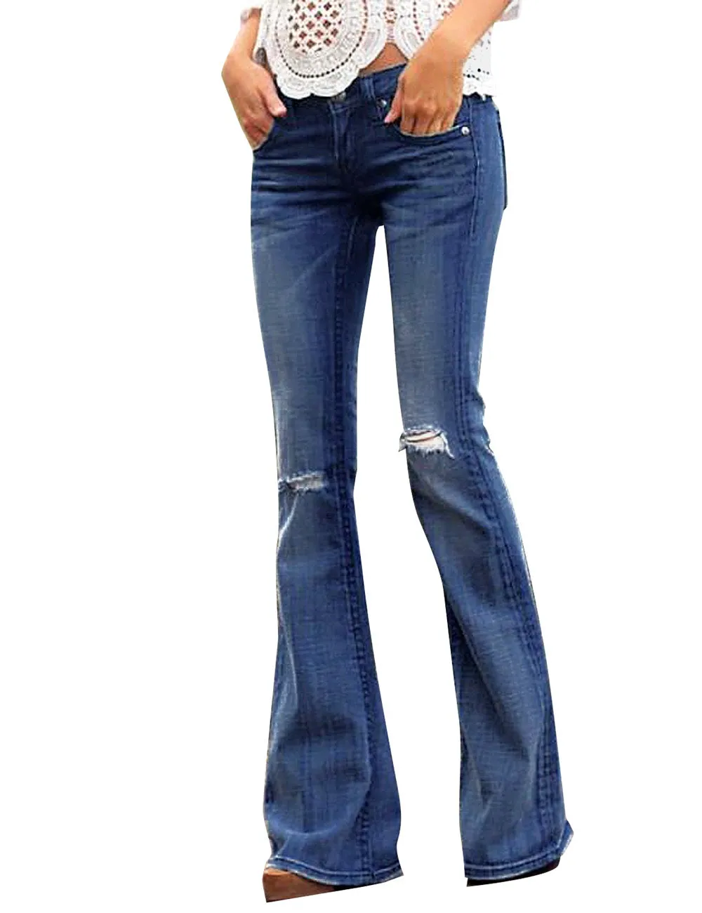 Women's High Waist Ripped Flare Bell Bottom Denim Pants Bootcut Jeans