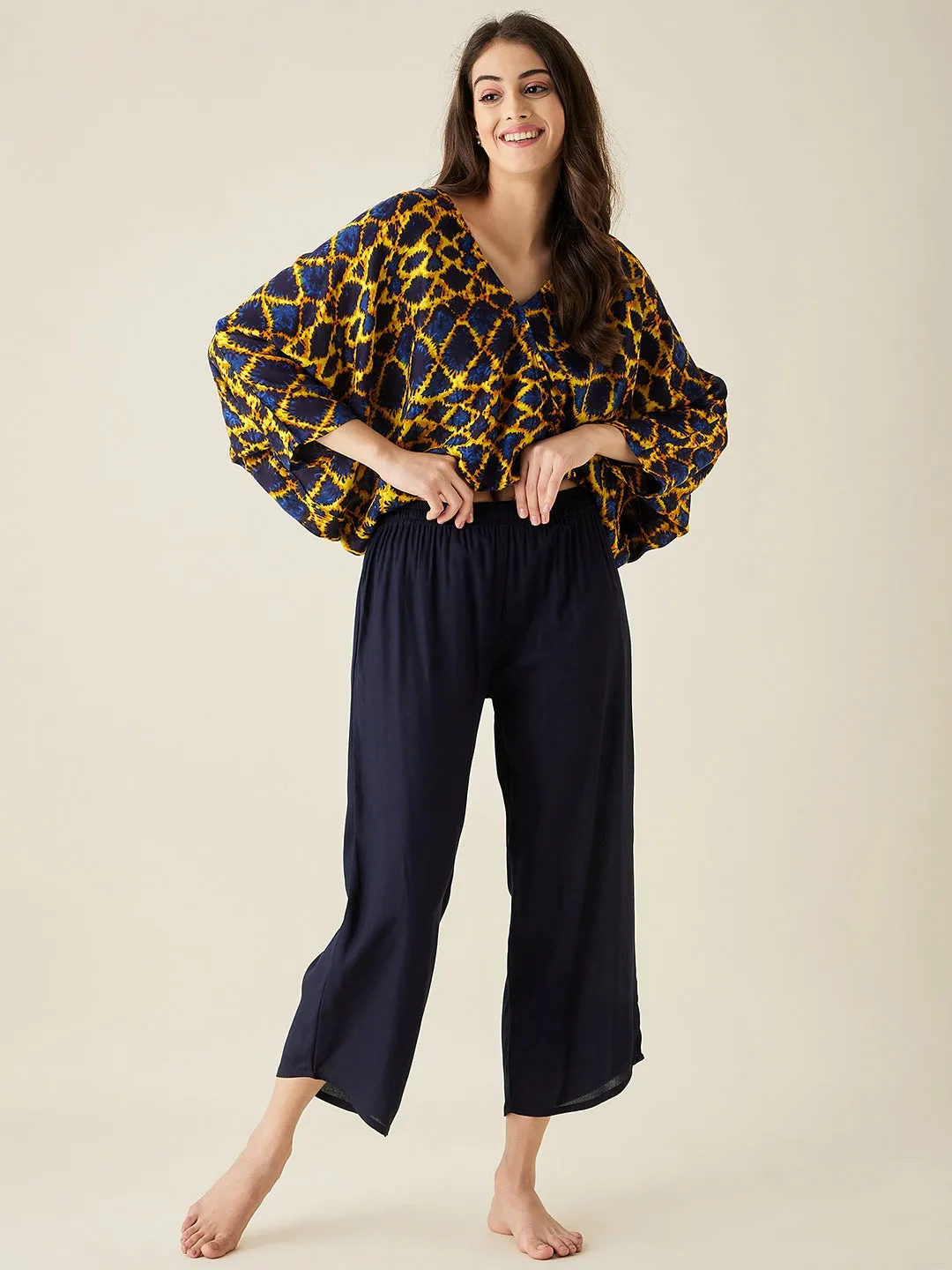 Yellow and Blue Printed Lounge Set